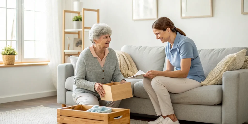Elderly woman and caregiver sort belongings for a compassionate home clean out service.
