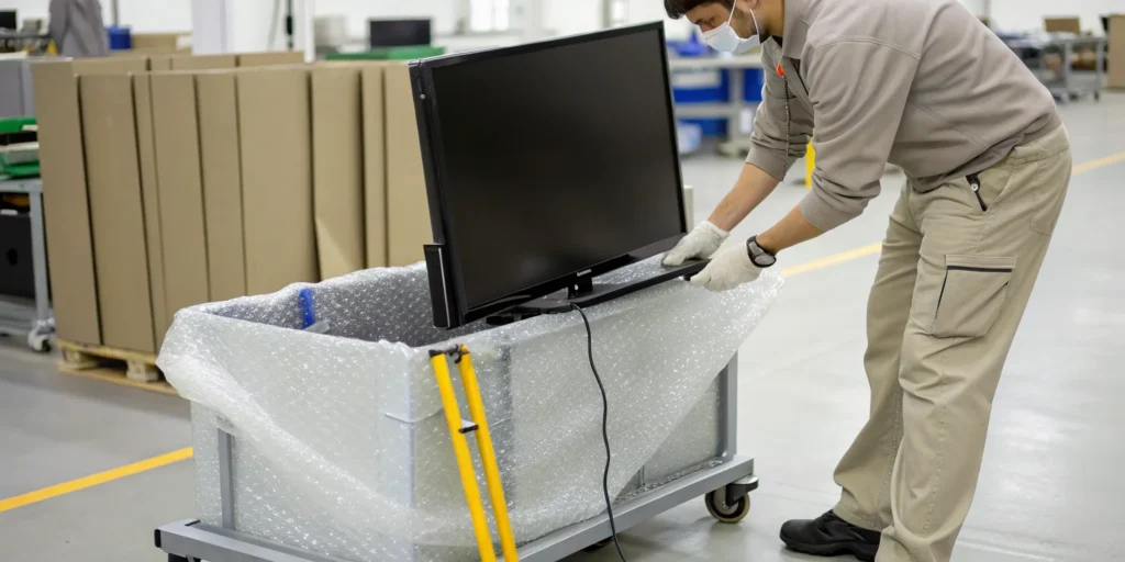 A worker safely prepares an old television for disposal at a recycling center.