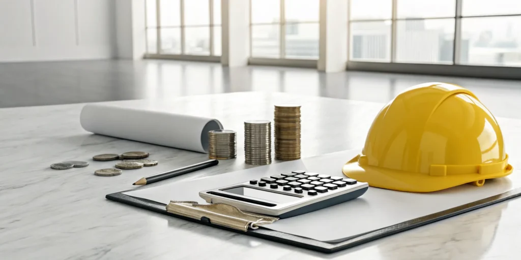 A calculator, hard hat, and clipboard on a desk for estimating construction debris removal cost.
