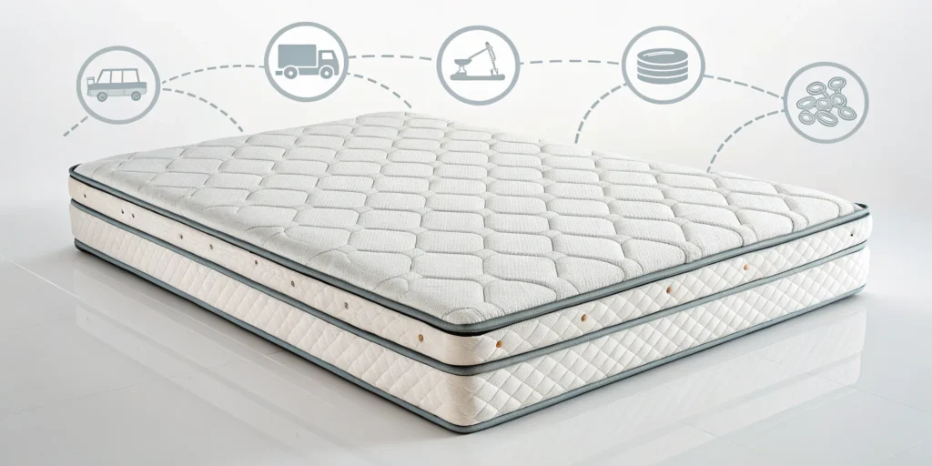A mattress with icons showing the breakdown of the cost to dispose of a mattress.