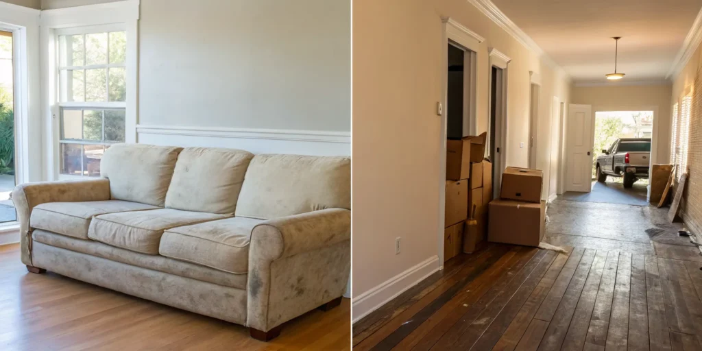 An old couch in a living room with moving boxes, awaiting cheap removal.