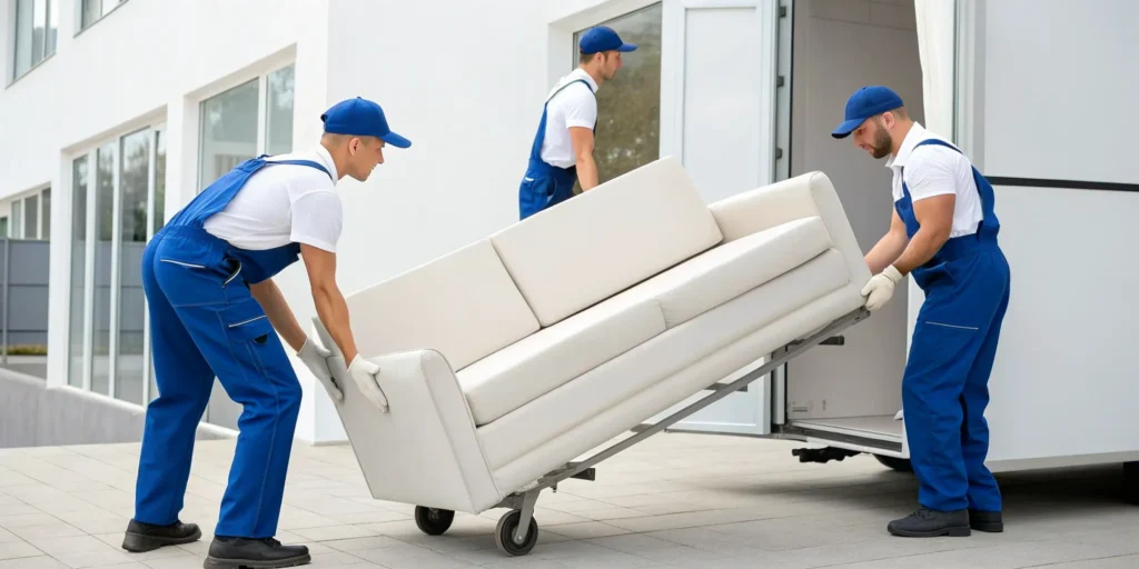 A professional furniture removal team loading a white sofa onto a moving truck.