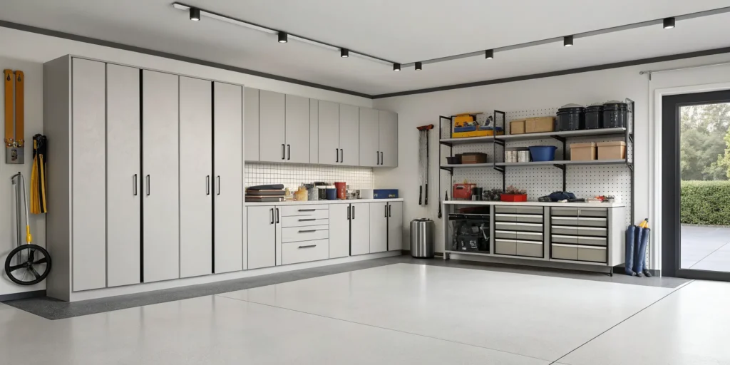 A clean and organized garage with neatly arranged storage after a successful cleanout.