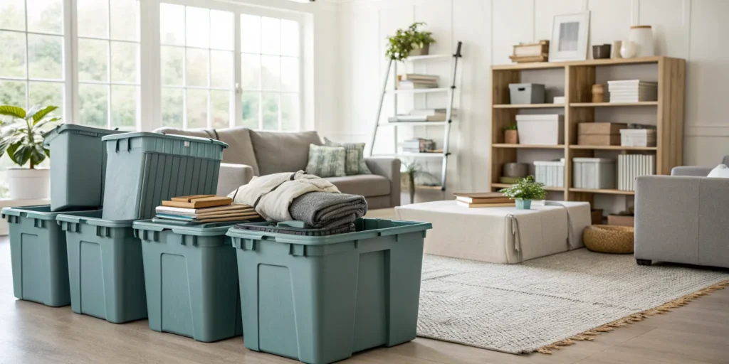 Storage bins with books and blankets ready to clean out a house full of junk.