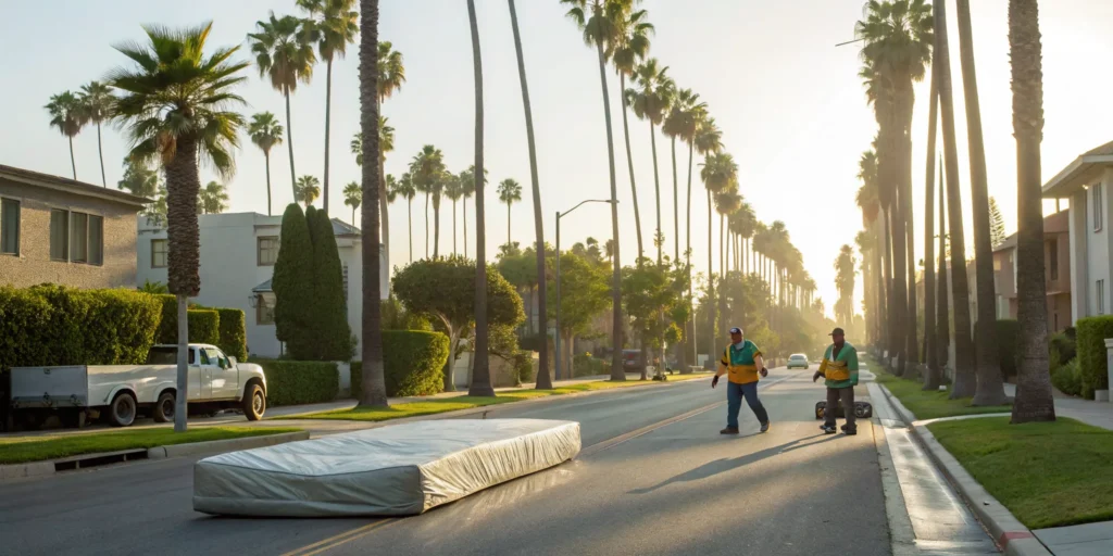 Workers loading a mattress for free disposal on a street in Los Angeles.