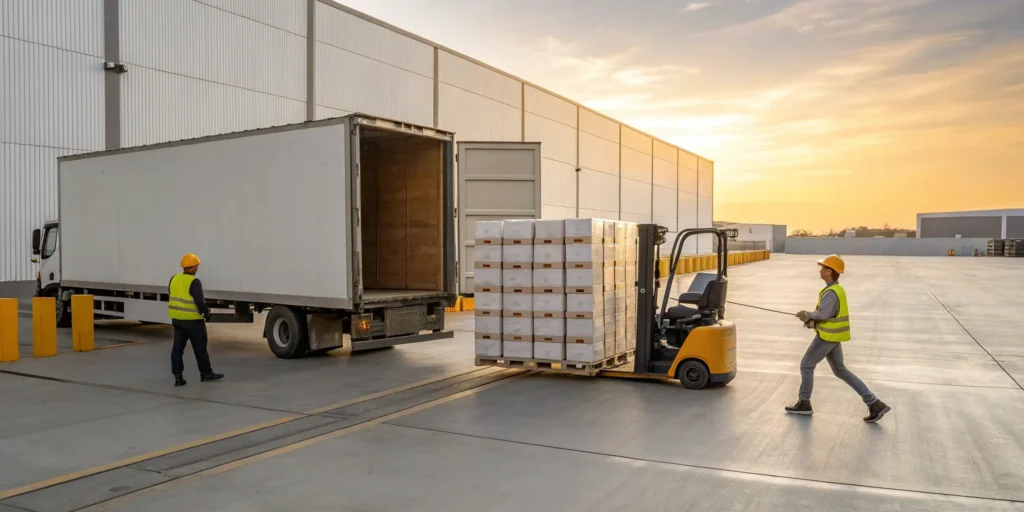 Commercial junk hauling service using a forklift to load debris into a truck.