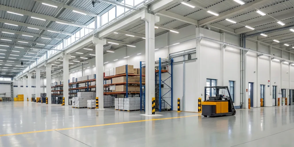 A clean and organized warehouse with a forklift after a professional cleanout.