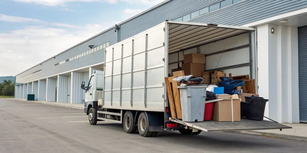 Professional junk hauling service removing furniture and debris from a commercial building.