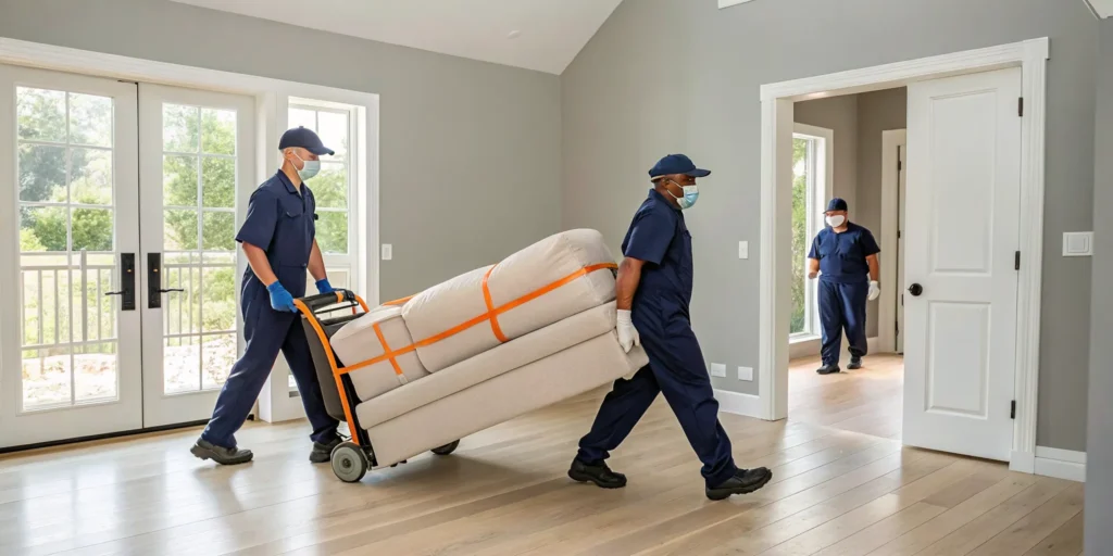Foreclosure trash out services team removing junk and old furniture from a property.