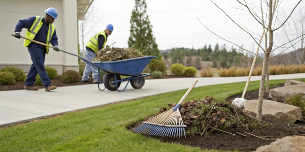 A professional crew performing brush and debris removal with a wheelbarrow in a yard.