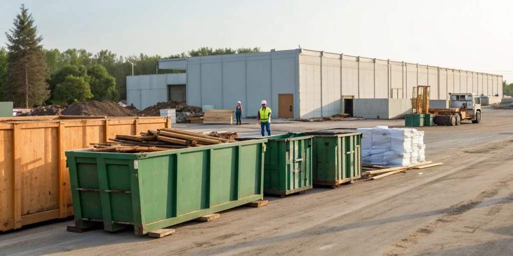A construction waste disposal service managing debris with a large roll-off dumpster.