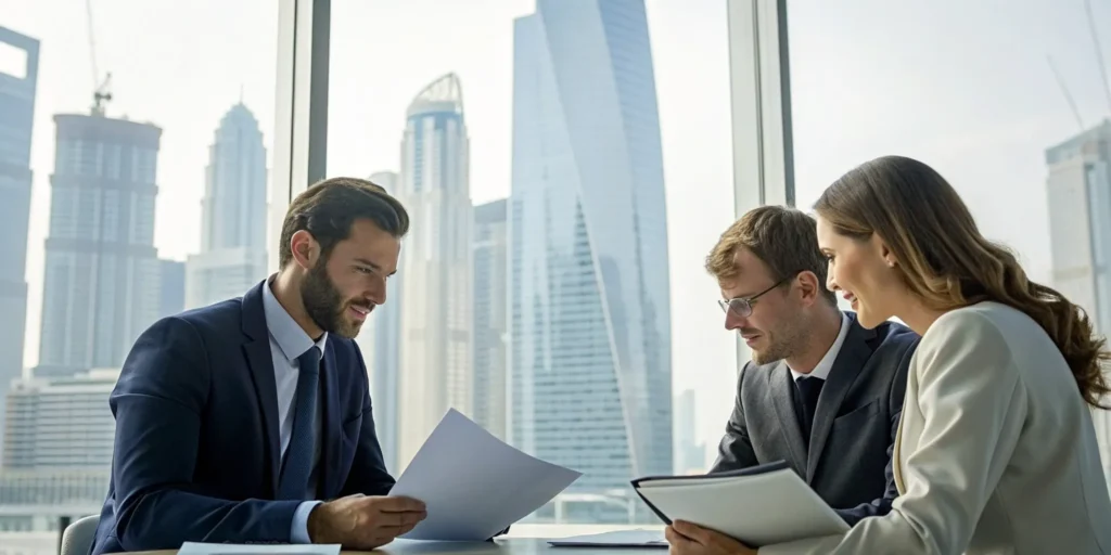 A foreclosure cleaner discusses a service contract with bank representatives.