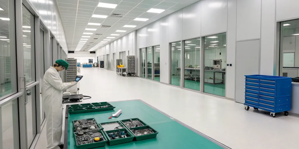 Technician sorting computer parts for safe e-waste recycling.