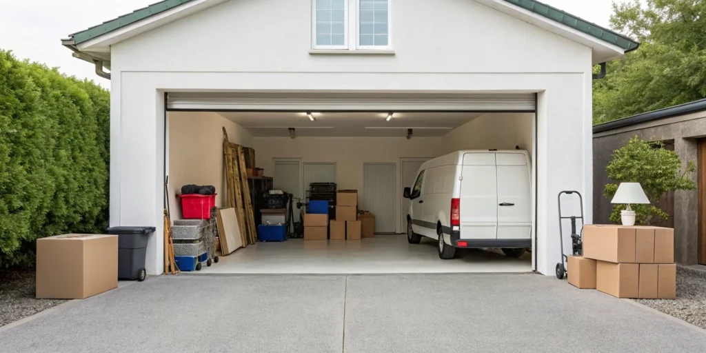 Cluttered garage with boxes and a van ready for a professional cleanout service.