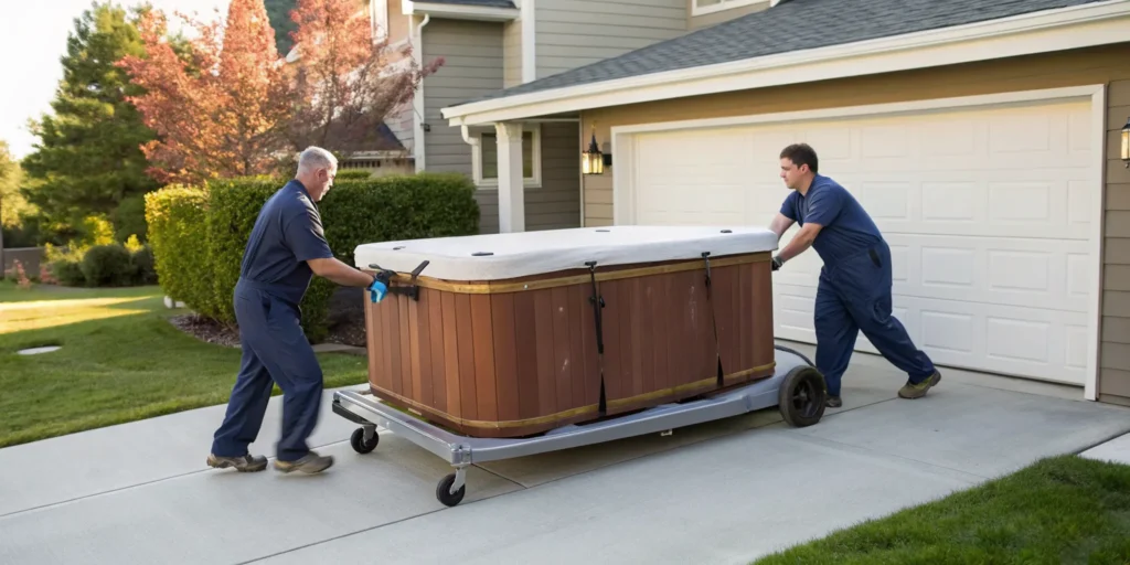 Professionals moving a hot tub for disposal, a key factor in the removal cost.