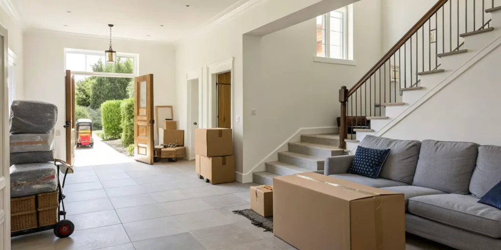 A house entryway with packed boxes, showing the scope of a cleanout and its potential cost.