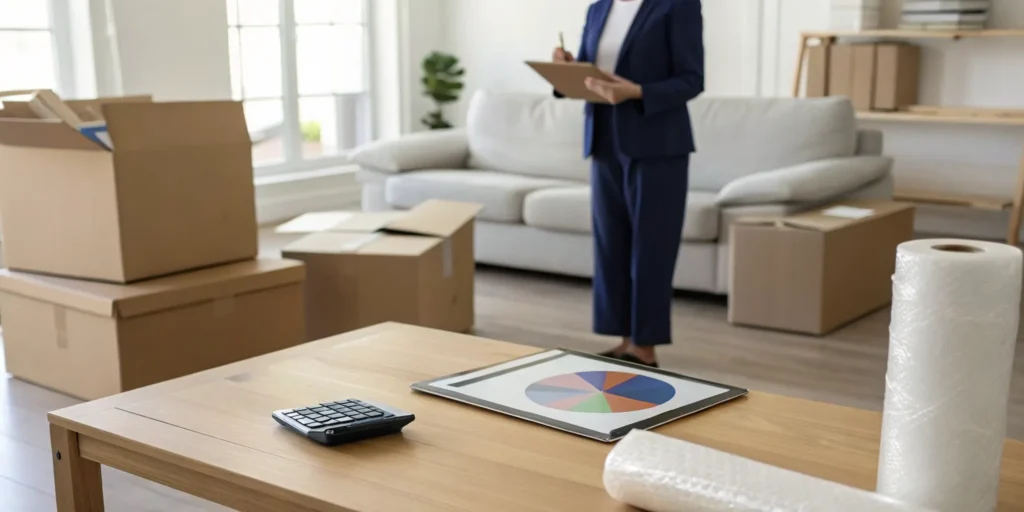 Calculating the cost of an estate cleanout with a clipboard, calculator, and moving boxes.
