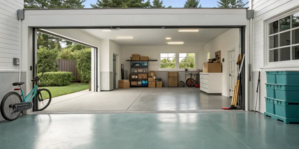 A professionally cleaned-out garage with organized storage bins and clear floor space.