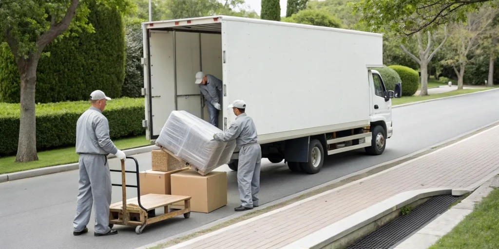 Junk haulers loading a truck with furniture, a factor in the total junk hauling cost.
