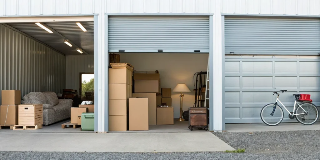 Cluttered storage unit with boxes, furniture, and a bicycle waiting to be cleaned out.
