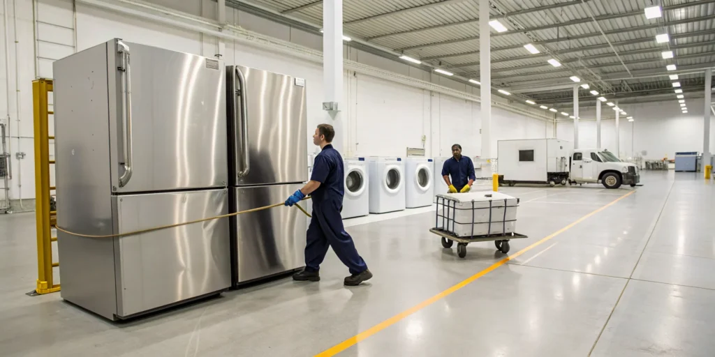 Junk removal workers properly dispose of old appliances like a refrigerator.