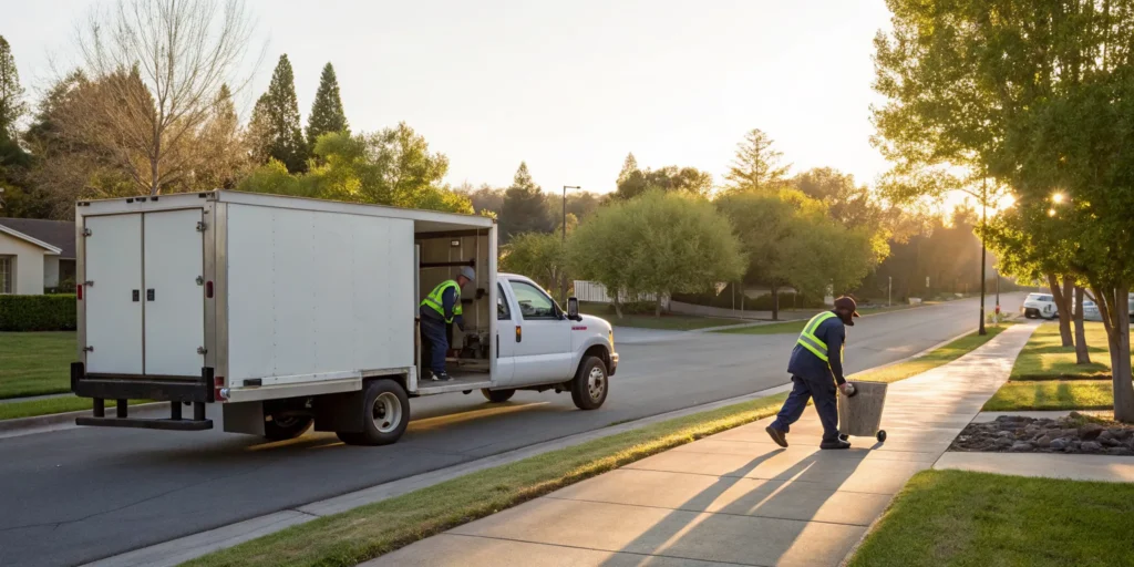 Workers collecting a mattress for free curbside disposal in Santa Rosa.