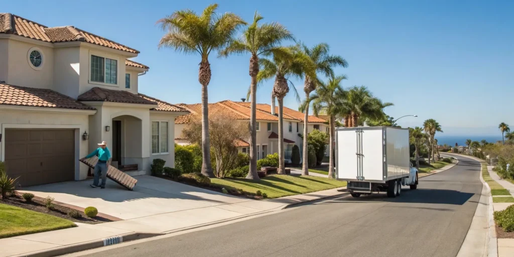Workers load a mattress onto a truck for free pick up in Orange County.
