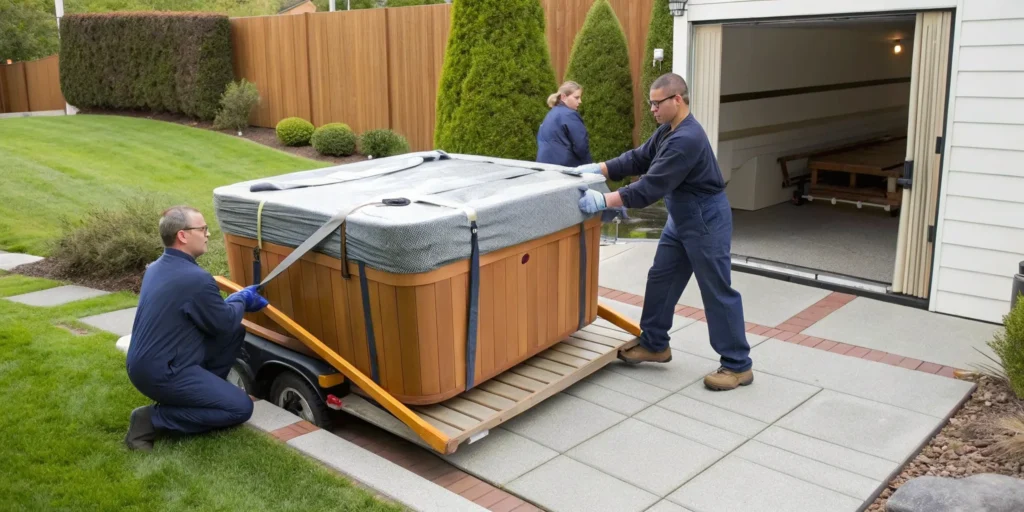 Professional movers providing hot tub removal services for a residential backyard spa.