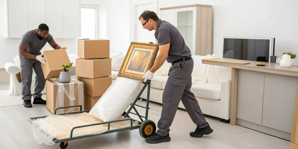 A team from an estate cleanout company packing boxes and moving furniture.