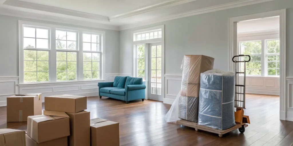A foreclosure cleanout company removing boxes and furniture from a home.