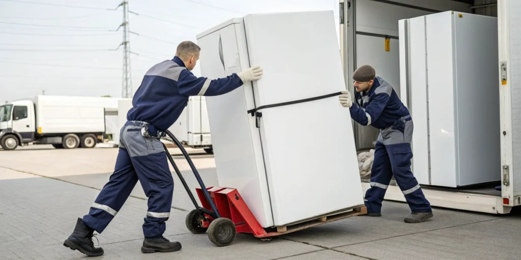 Refrigerator pick up and disposal service loading an old fridge onto a truck.