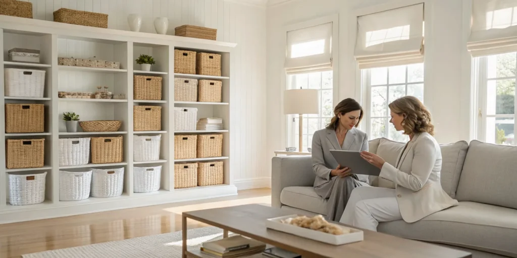 A professional provides help for hoarders in a newly organized living room.