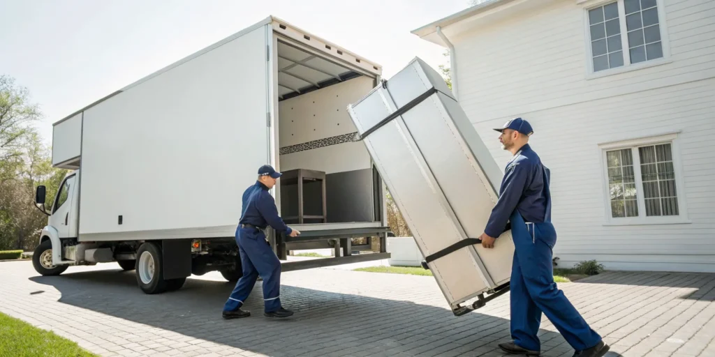 Professional refrigerator haul away service loading an old fridge onto a truck.