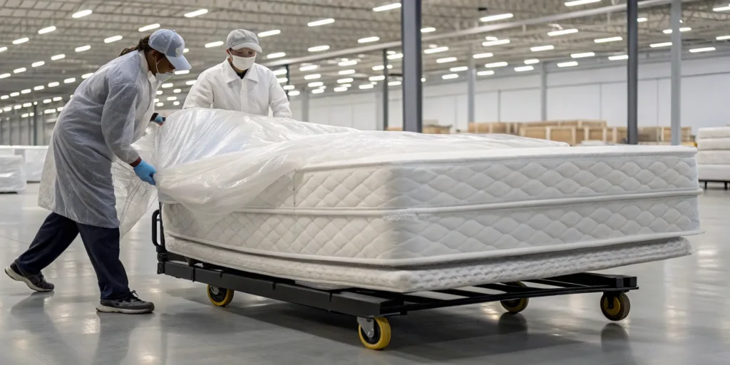 Workers getting rid of an old mattress by wrapping it in plastic for proper disposal.
