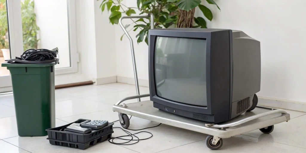 An old television prepared to be recycled with its remote and cables.