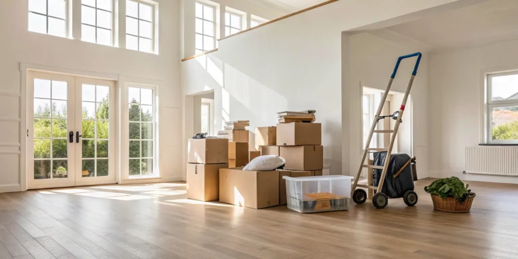 An empty property with boxes and supplies ready for a professional cleanout.