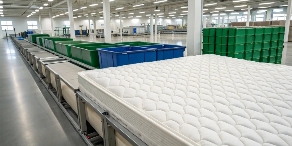 Mattress on a conveyor belt at a mattress recycling program facility.