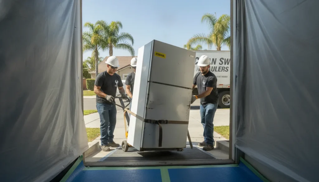 Crew preparing a refrigerator for appliance removal