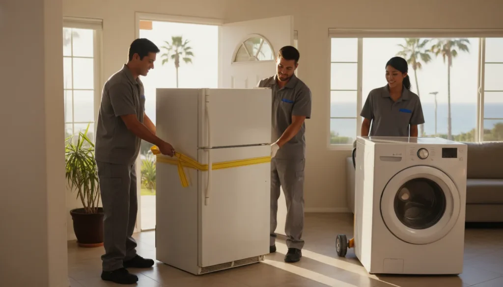 Crew handling appliance removal San Diego pickup from a home