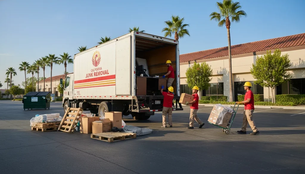 Commercial junk removal crew clearing office furniture from a California property