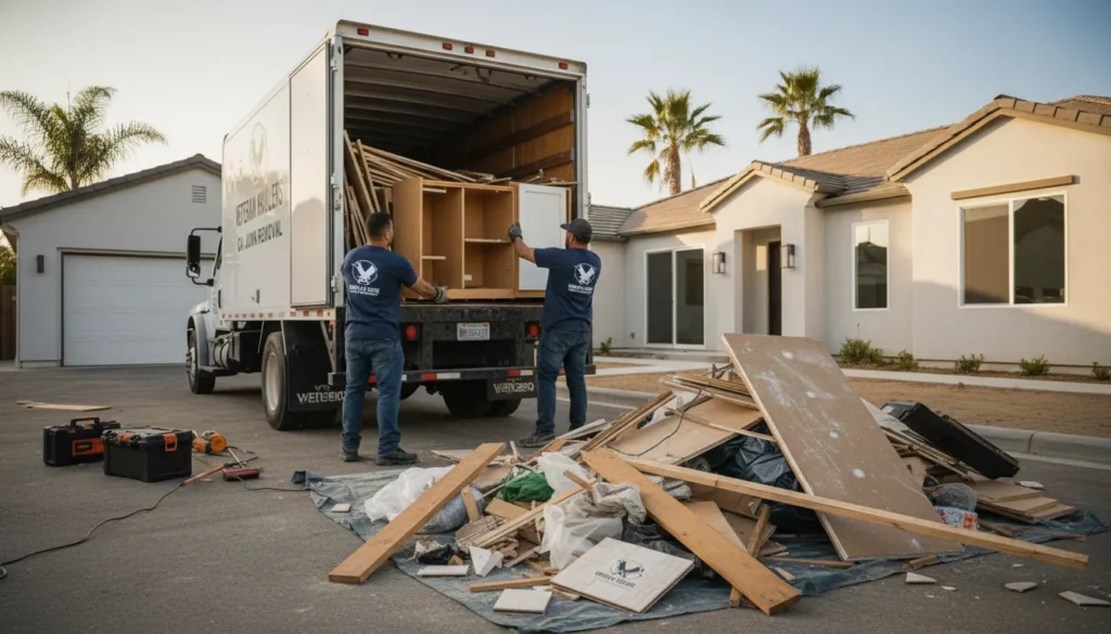 Construction debris removal crew loading renovation materials
