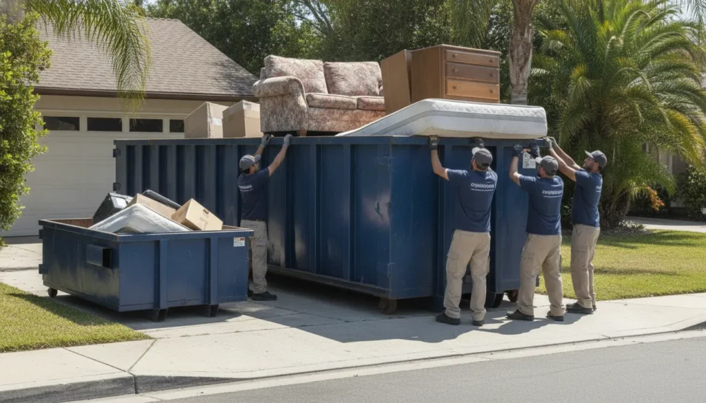 Junk removal crew comparing dumpster rental vs junk removal