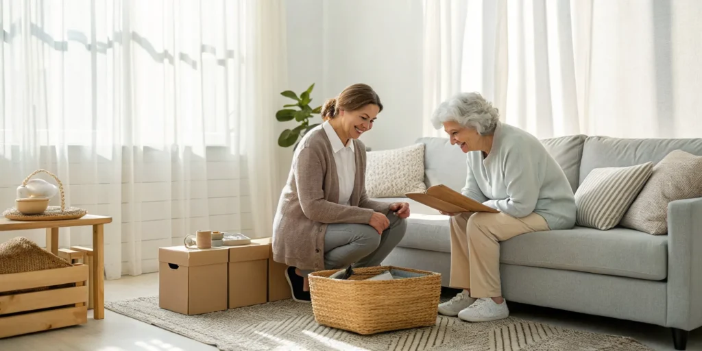 A caregiver offers compassionate hoarding help for a senior in their home.