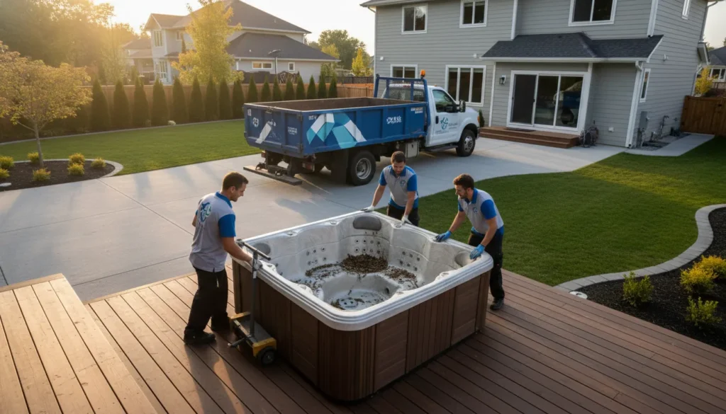 Hot tub removal crew preparing to haul away an old backyard spa