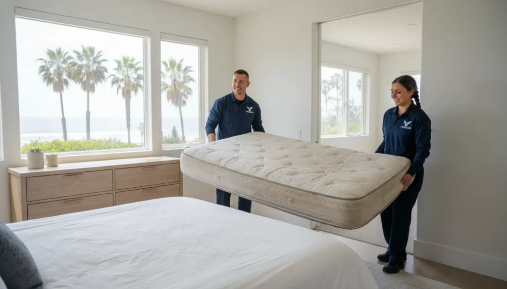 Mattress removal san diego crew carrying an old mattress from a bedroom