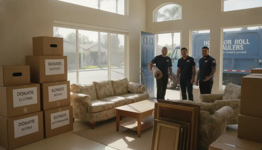 Organized boxes and unwanted furniture ready for moving junk removal