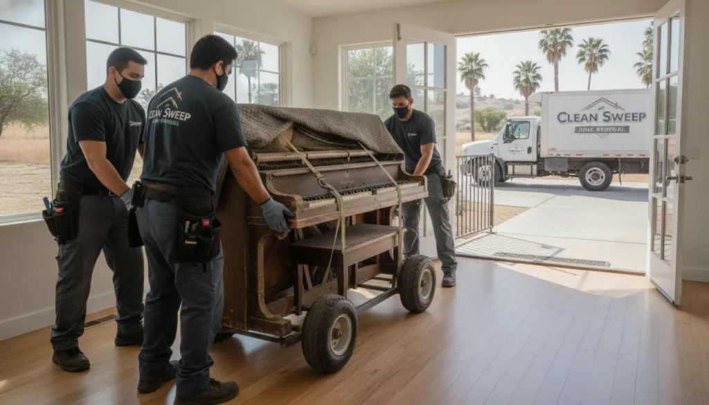 Junk removal crew preparing an unwanted upright piano for pickup