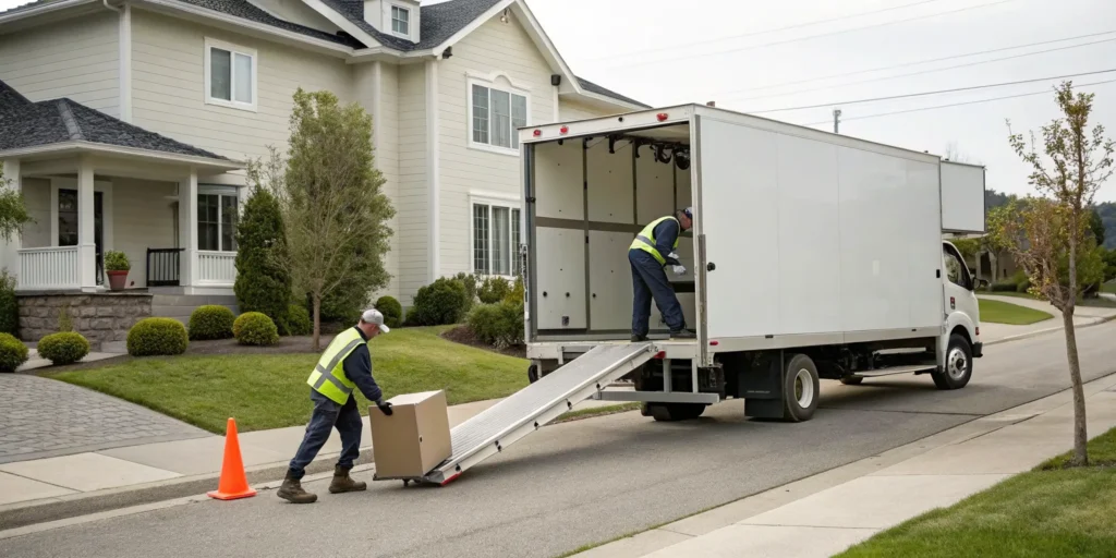 Two workers loading a truck with junk for a same-day junk hauling service.