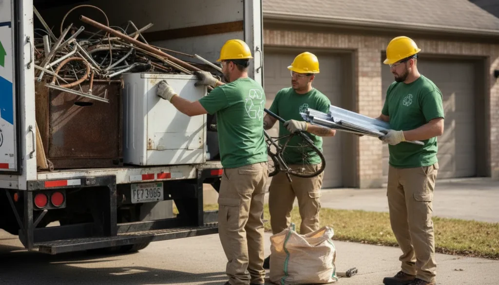 Crew preparing assorted household scrap metal for removal