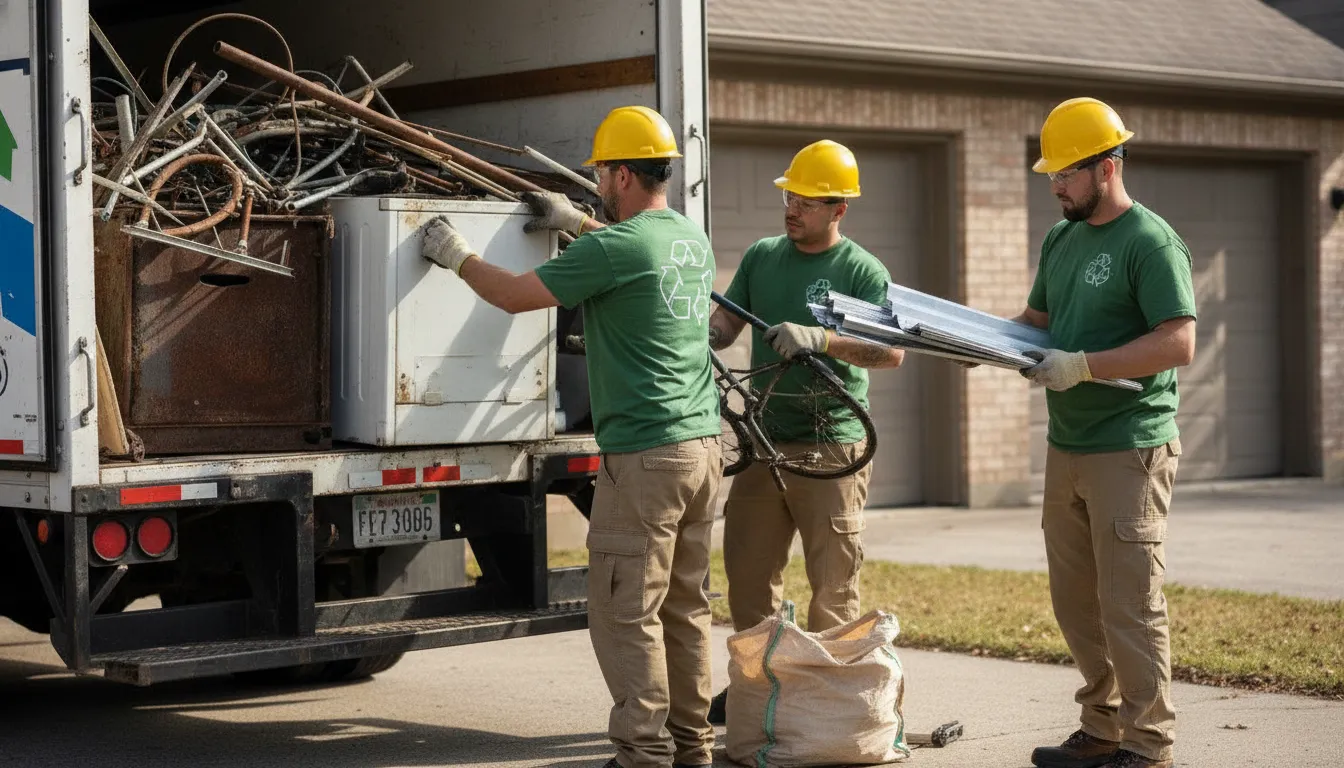 Organized household scrap metal ready for removal from a California driveway